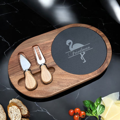 Flamingo Personalized Oval Slate & Wood Cheese Board