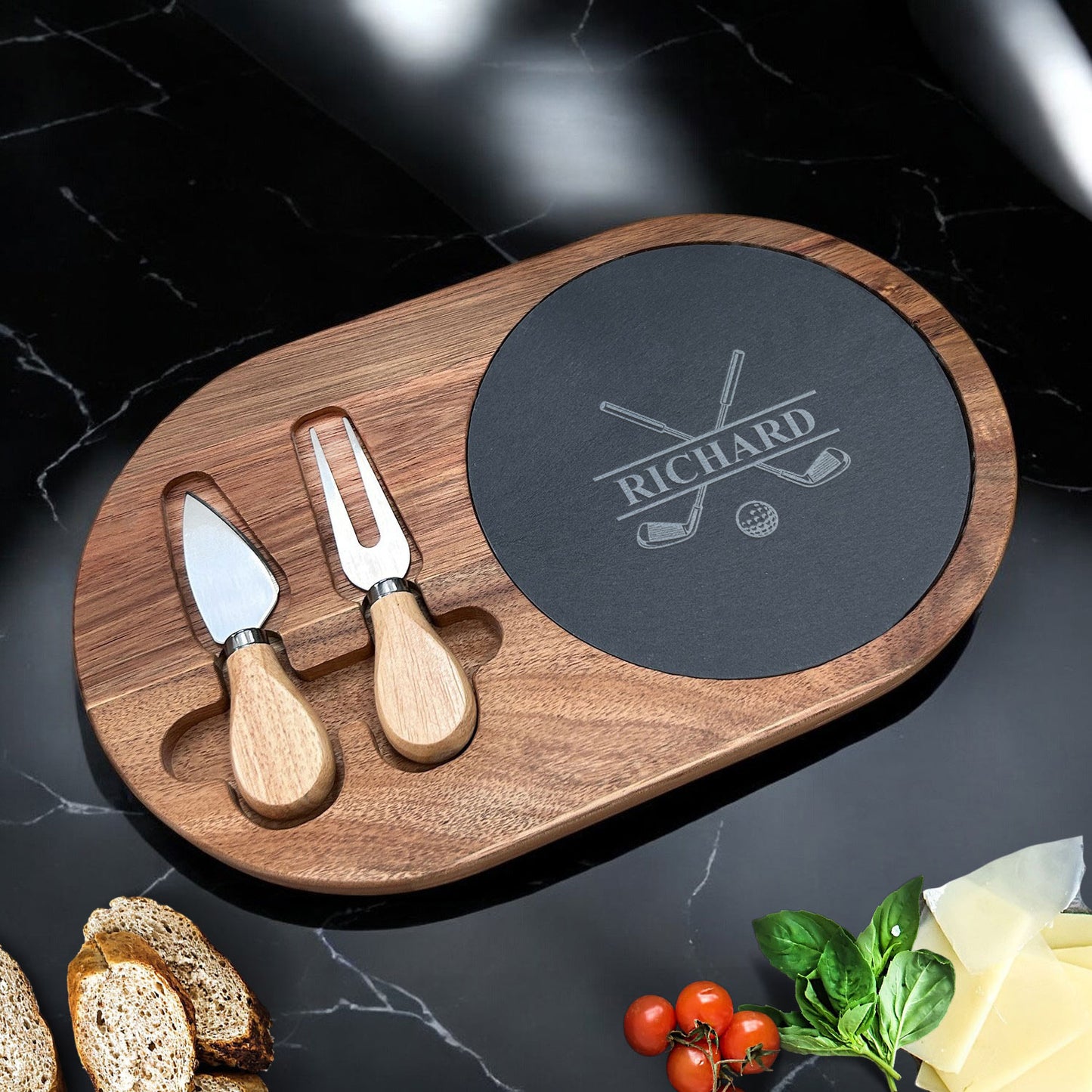 Golf Personalized Oval Slate & Wood Cheese Board