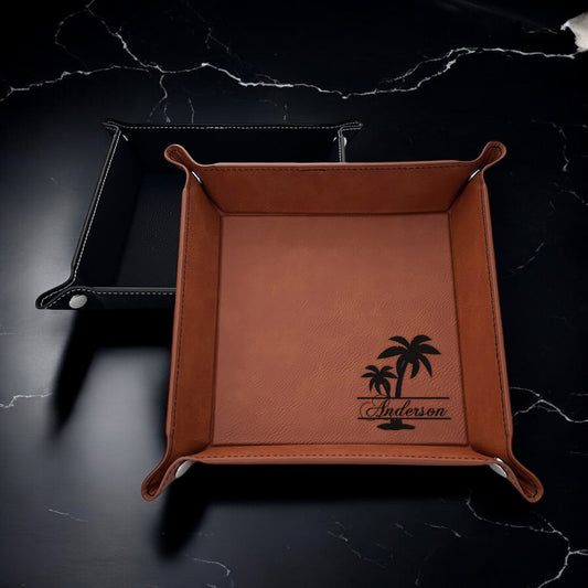 Palm Tree Personalized Leather Valet Tray Organizer