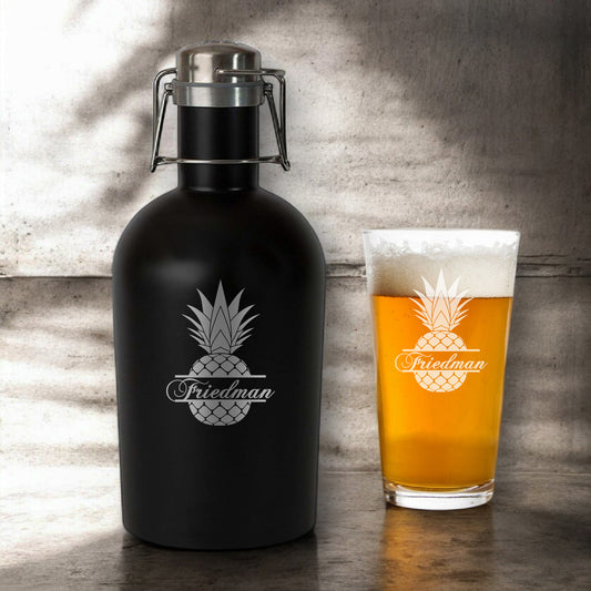 Pineapple Personalized Beer Growler with Pint Glass Set