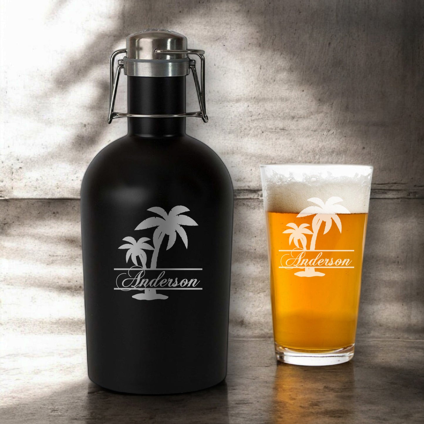 Palm Tree Personalized Beer Growler with Pint Glass Set