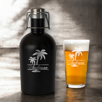 Palm Tree Personalized Beer Growler with Pint Glass Set