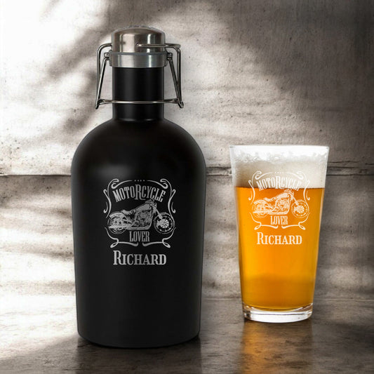 Motorcycle Rider Personalized Beer Growler with Pint Glass Set