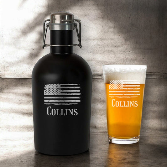 Patriotic Military Personalized Beer Growler with Pint Glass Set