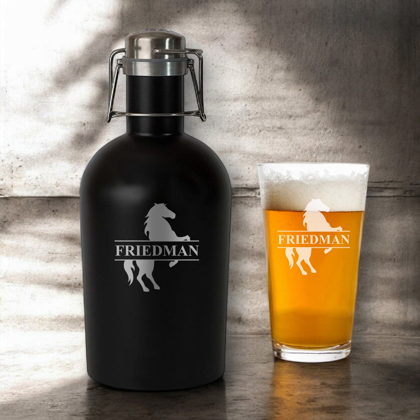 Equestrian Horse Personalized Beer Growler with Pint Glass Set