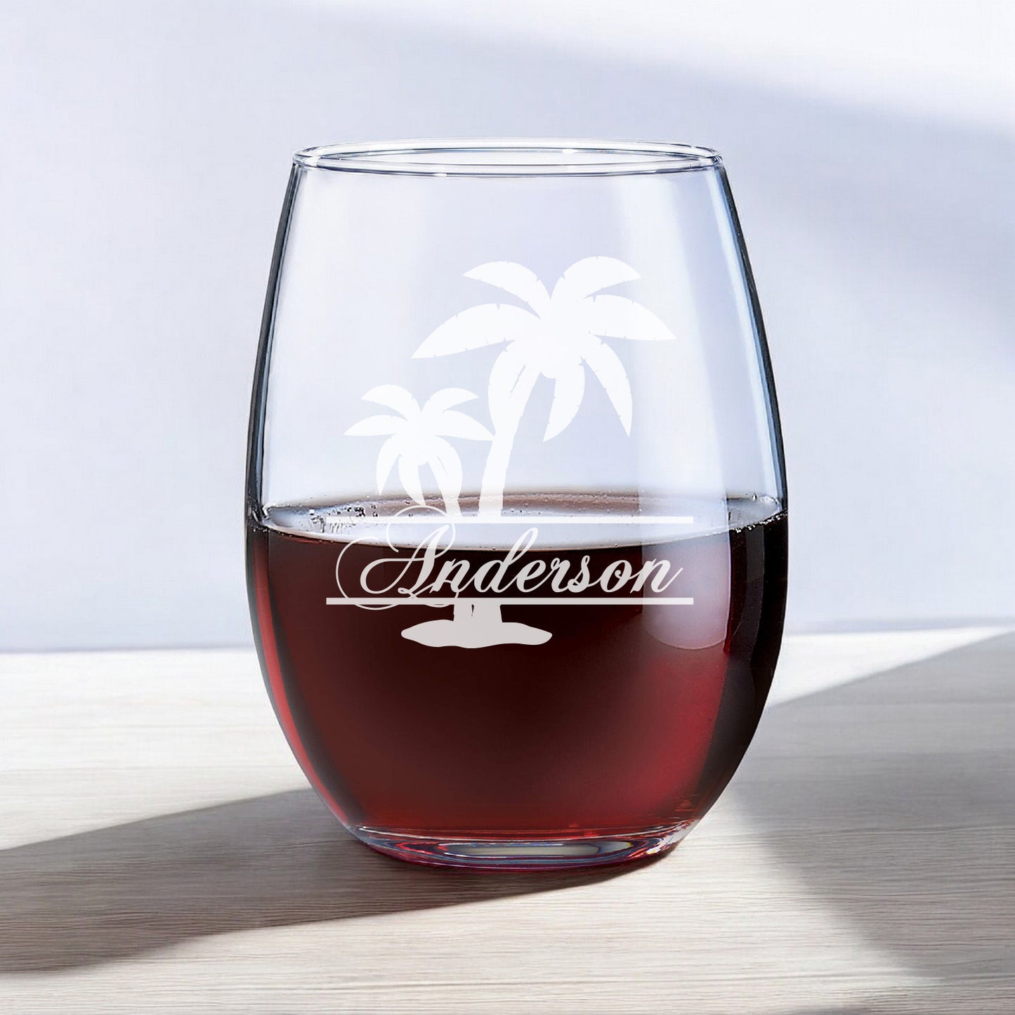 Palm Tree Personalized Wine Decanter with Stemless Wine Glass Set