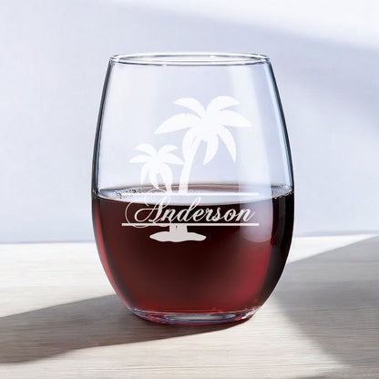Palm Tree Personalized Wine Decanter with Stemless Wine Glass Set