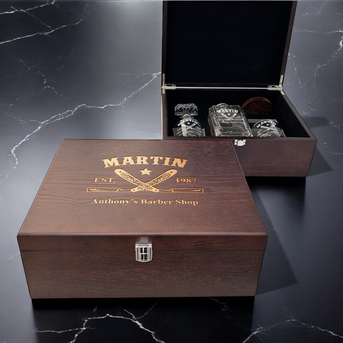 Barber Personalized Classic Whiskey Decanter with Glasses Gift Set