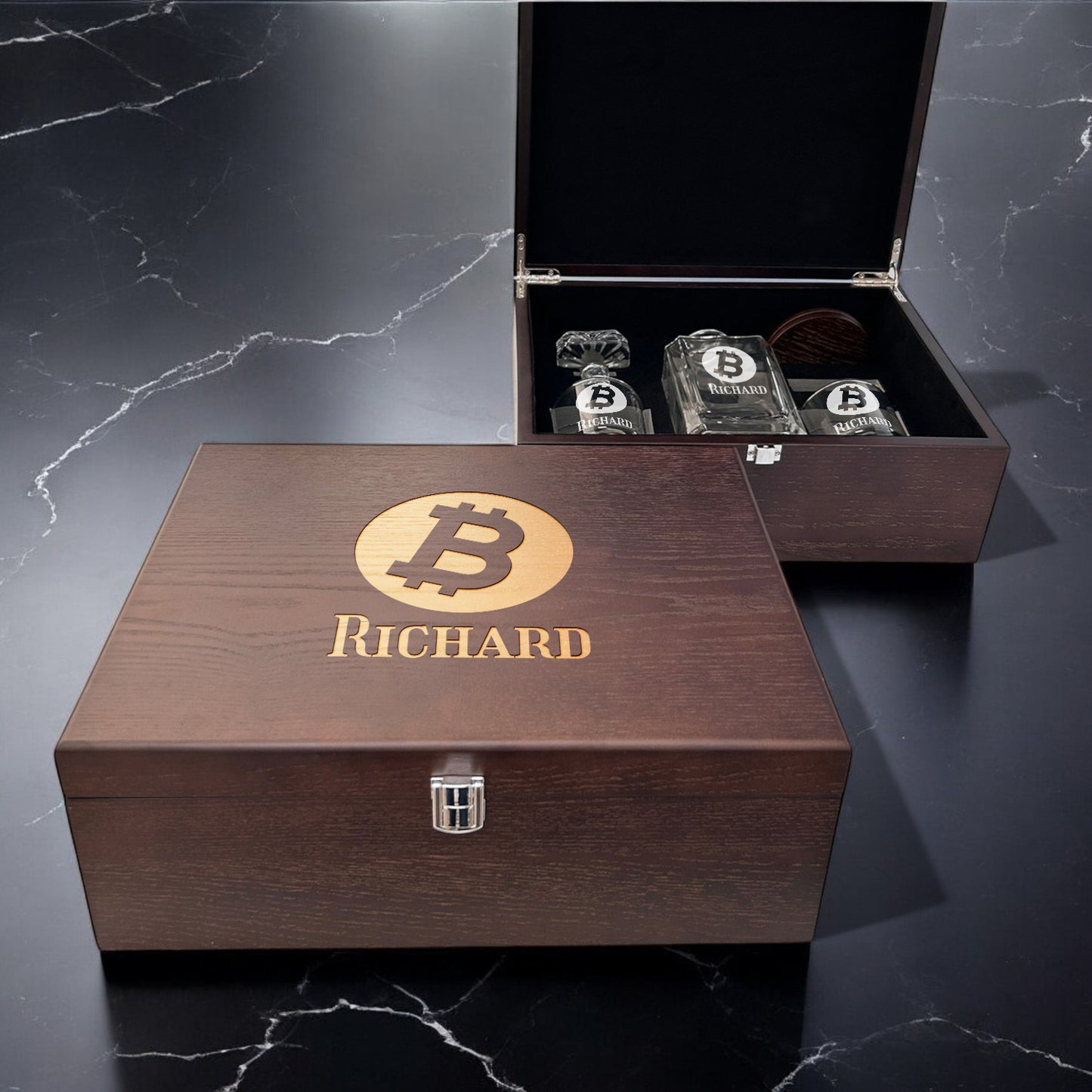 Bitcoin Crypto Personalized Classic Whiskey Decanter with Glasses Gift Set