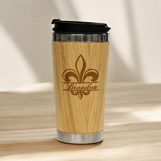 Fleur De Lis Personalized 15 oz Bamboo Stainless Steel Tumbler