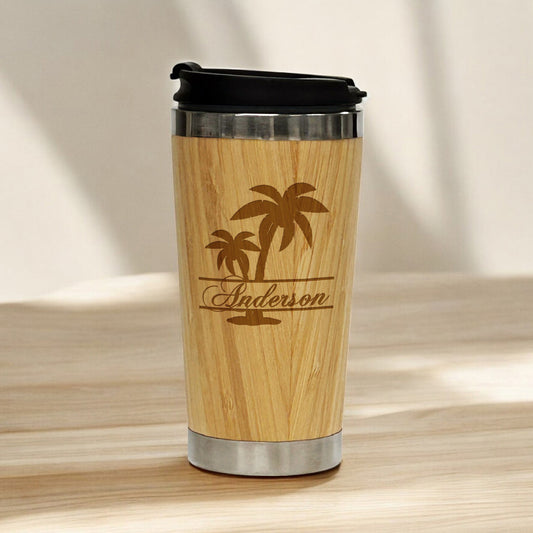 Palm Tree Personalized 15 oz Bamboo Stainless Steel Tumbler