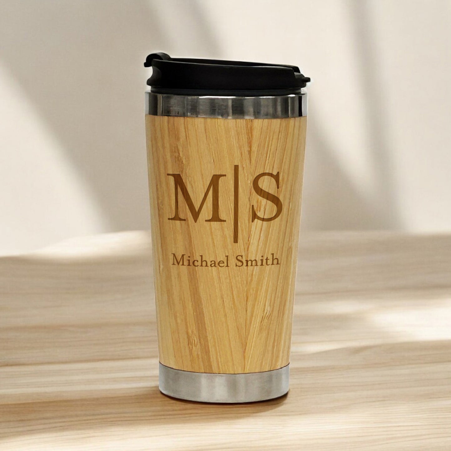 Monogram Personalized 15 oz Bamboo Stainless Steel Tumbler