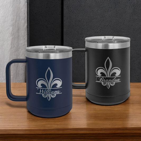 Fleur De Lis Personalized 15 oz Vacuum Insulated Stainless Steel Travel Mug