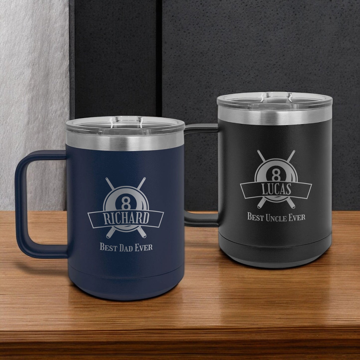 Pool Billiard Eight-Ball Personalized 15 oz Vacuum Insulated Stainless Steel Travel Mug