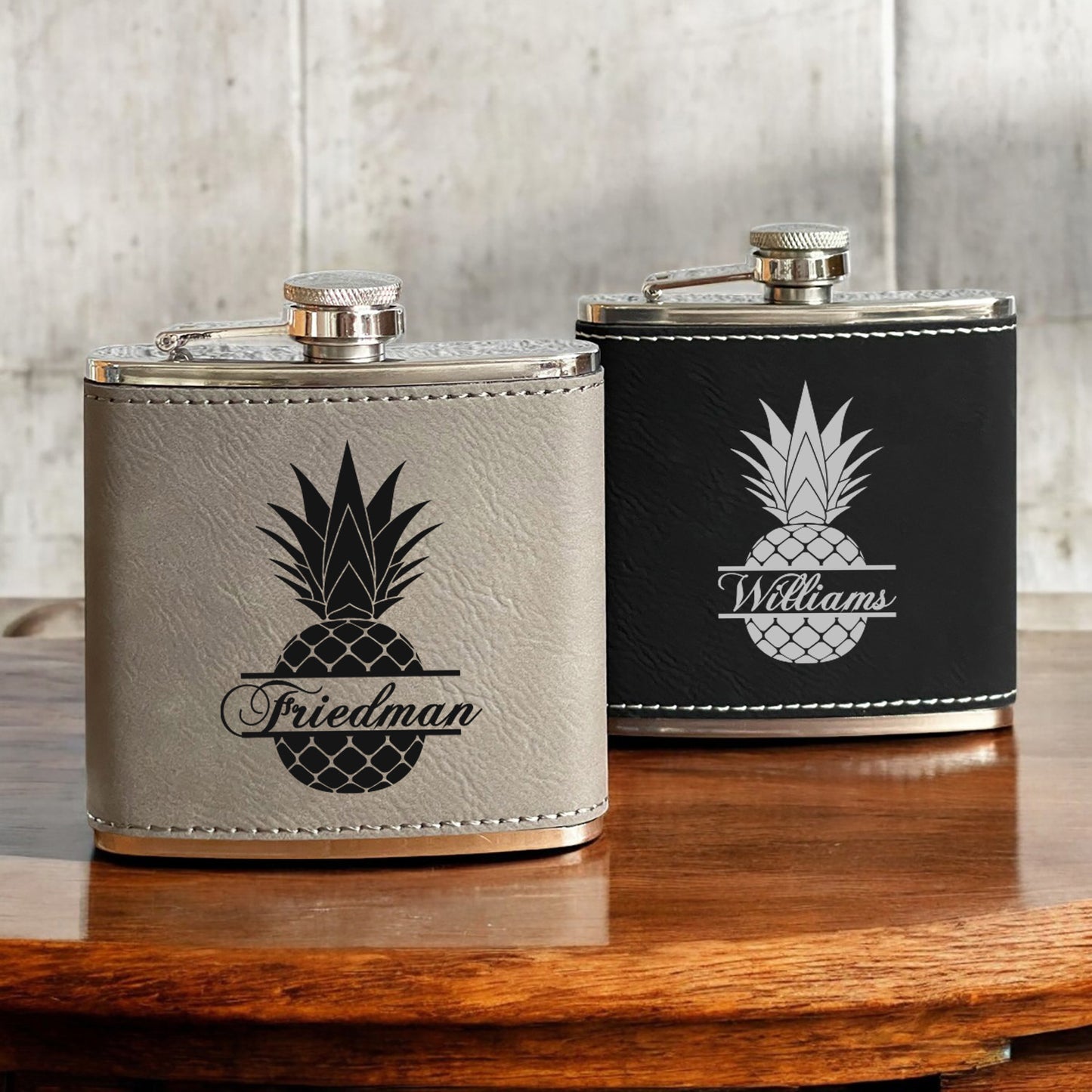 Pineapple Personalized Leather Wrapped Flask