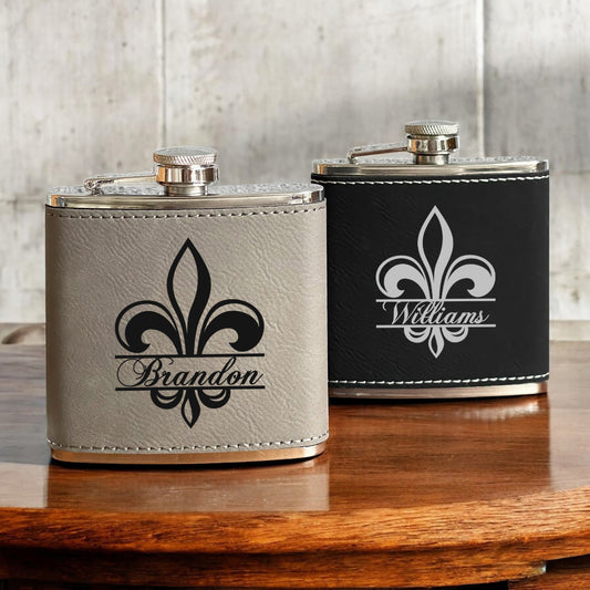 Fleur De Lis Personalized Leather Wrapped Flask