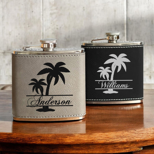 Palm Tree Personalized Leather Wrapped Flask