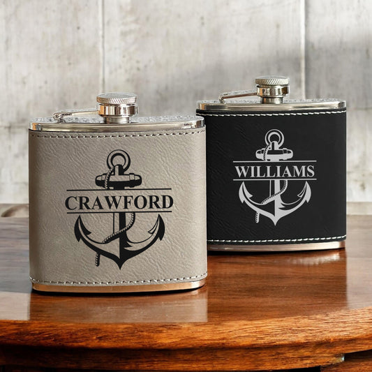 Anchor Personalized Leather Wrapped Flask