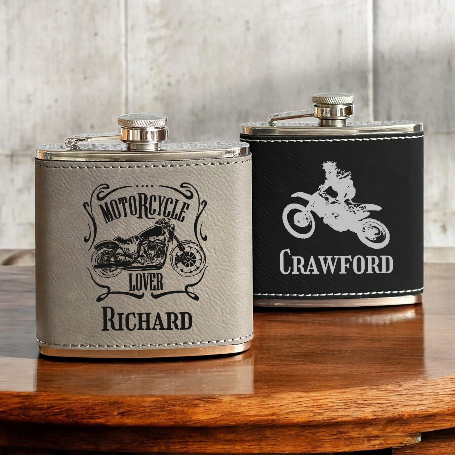 Motorcycle Rider Personalized Leather Wrapped Flask