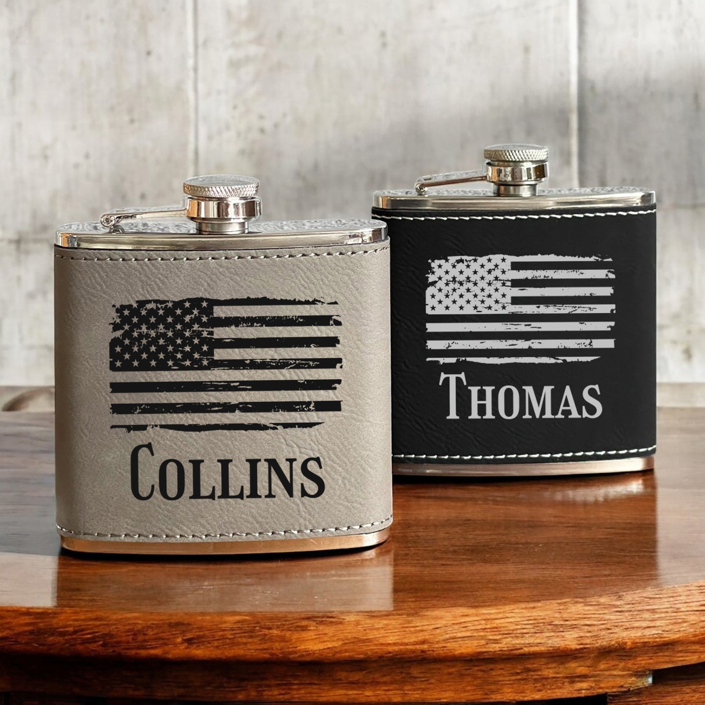 Patriotic Military Personalized Leather Wrapped Flask