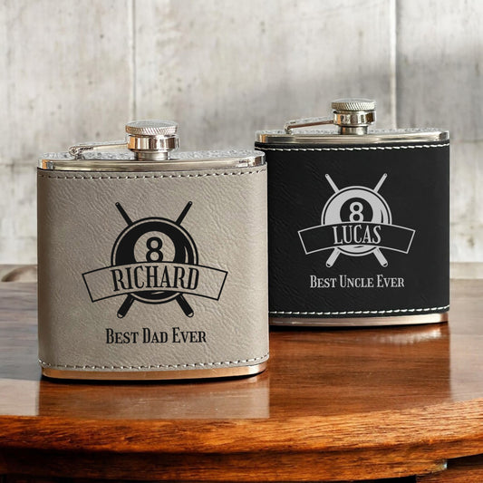 Pool Billiard Eight-Ball Personalized Leather Wrapped Flask