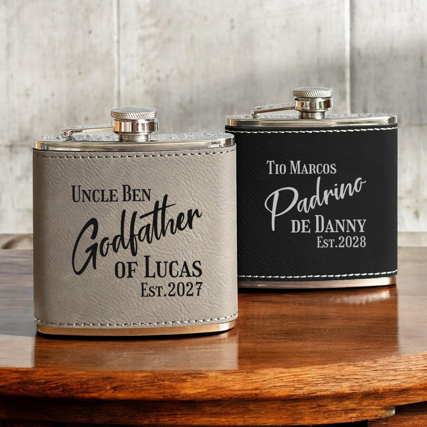 Godparent Personalized Leather Wrapped Flask