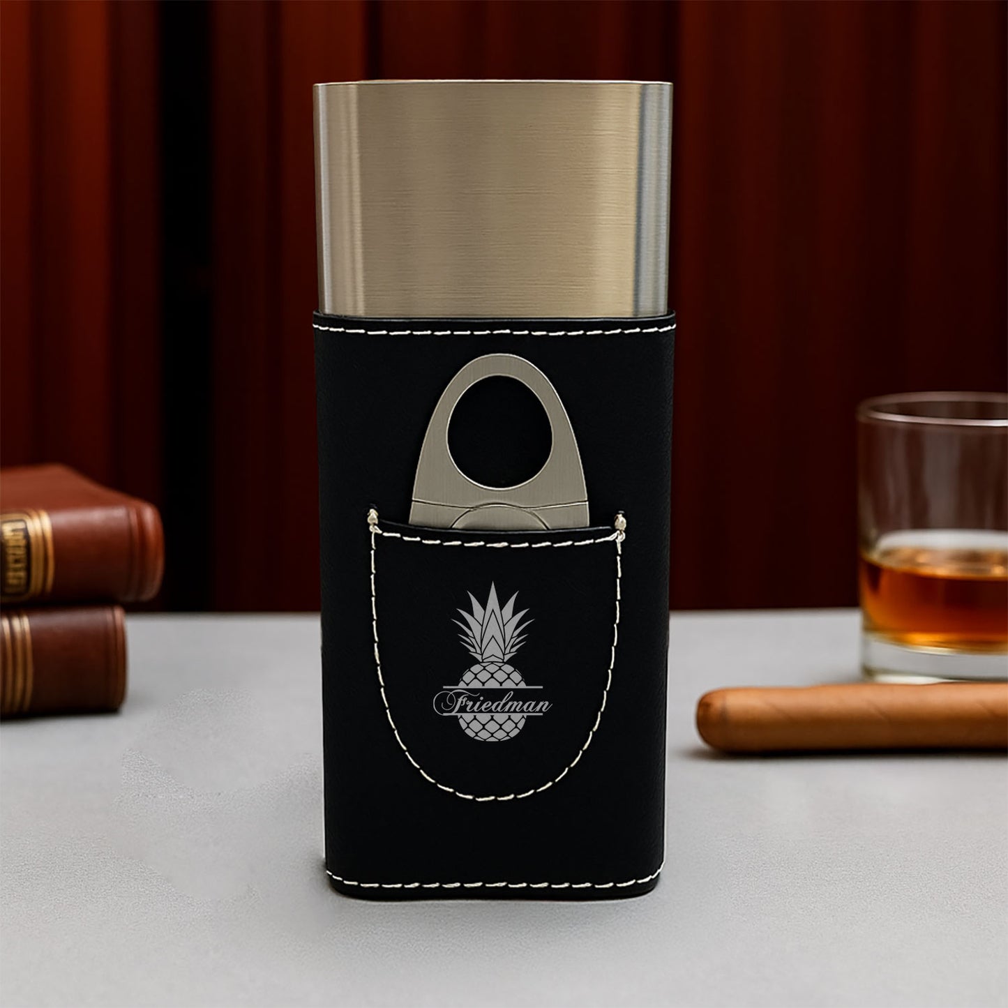 Pineapple Personalized Travel Cigar Case with Cutter - Custom Cigar Gift Set