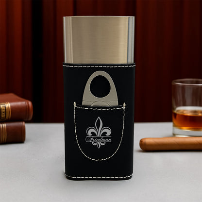 Fleur De Lis Personalized Travel Cigar Case with Cutter - Custom Cigar Gift Set