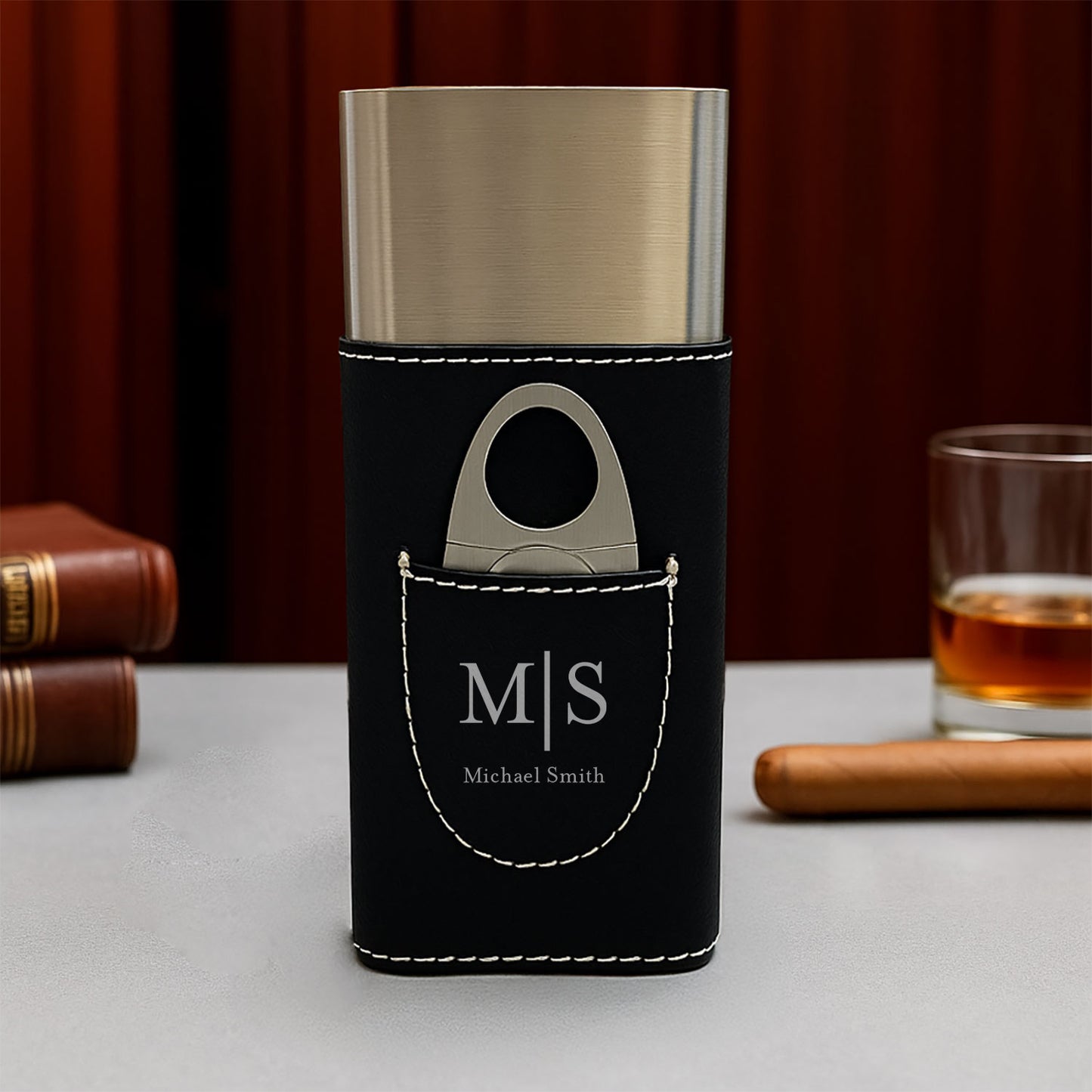 Monogram Personalized Travel Cigar Case with Cutter - Custom Cigar Gift Set