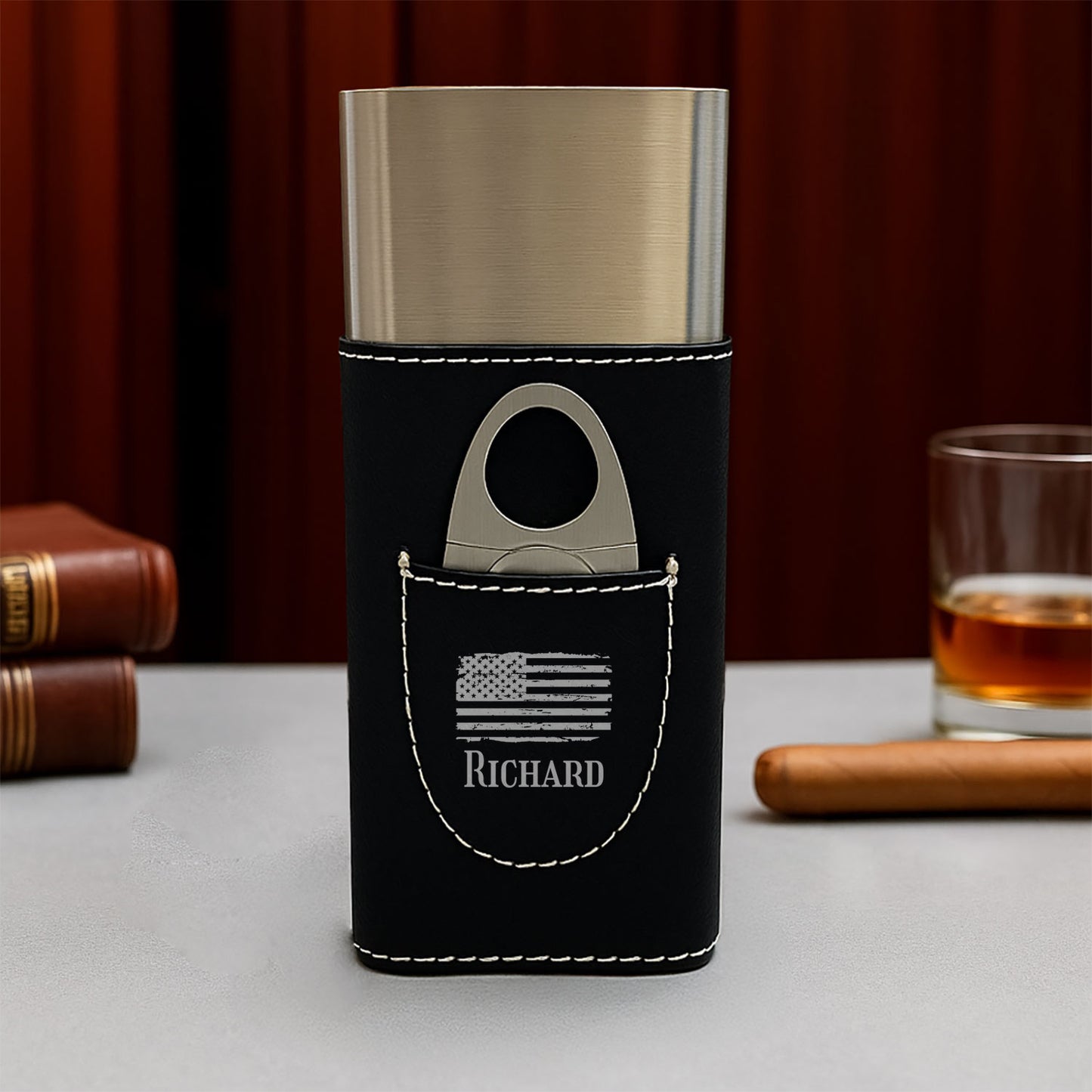 Patriotic Military Personalized Travel Cigar Case with Cutter - Custom Cigar Gift Set