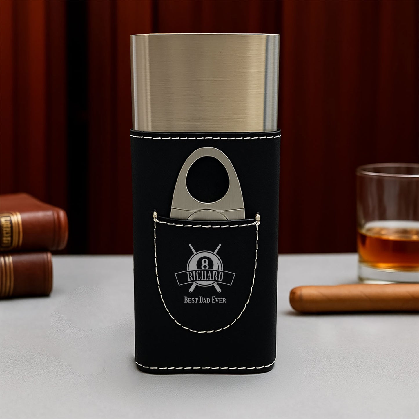 Pool Billiard Eight-Ball Personalized Travel Cigar Case with Cutter - Custom Cigar Gift Set