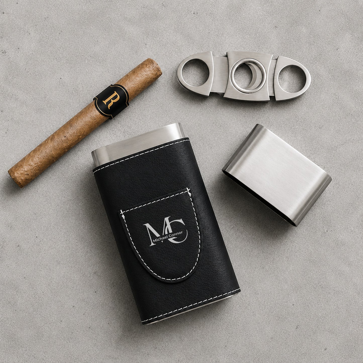 Monogram Personalized Travel Cigar Case with Cutter - Custom Cigar Gift Set