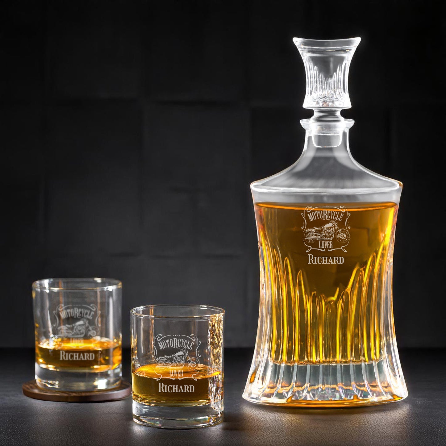 Motorcycle Rider Personalized Whiskey Decanter with Whiskey Rocks Glasses Set - 3pc