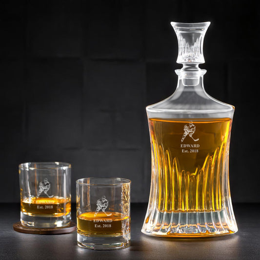 Hockey Personalized Whiskey Decanter with Whiskey Rocks Glasses Set - 3pc