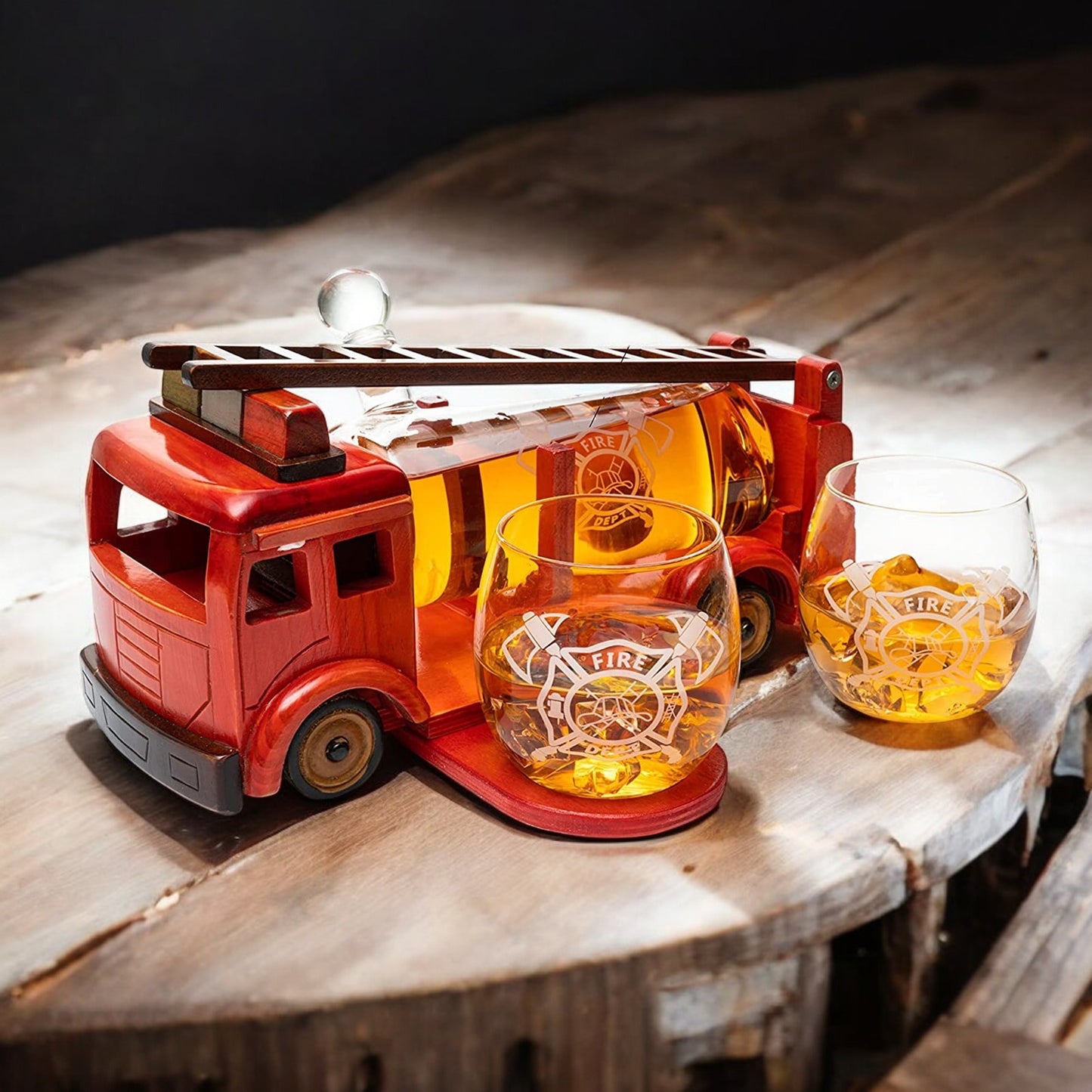 Fire Truck Whiskey Decanter Set with Whiskey Glasses