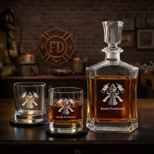 Firefighter Personalized Whiskey Decanter with Whiskey Rocks Glasses Set - 3pc