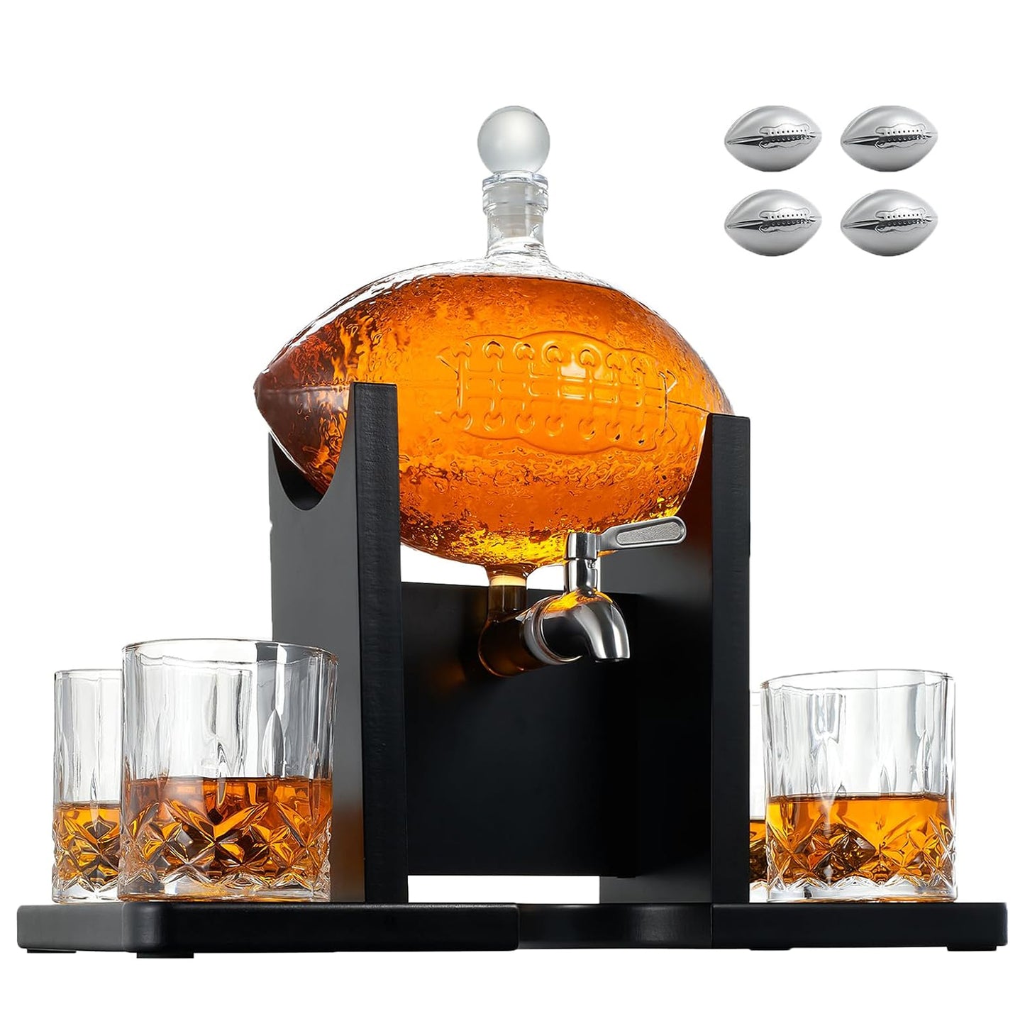 Football Decanter with 4 Whiskey Glasses & Chillers Set