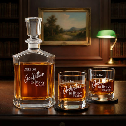 Godparent Personalized Whiskey Decanter with Whiskey Rocks Glasses Set - 3pc