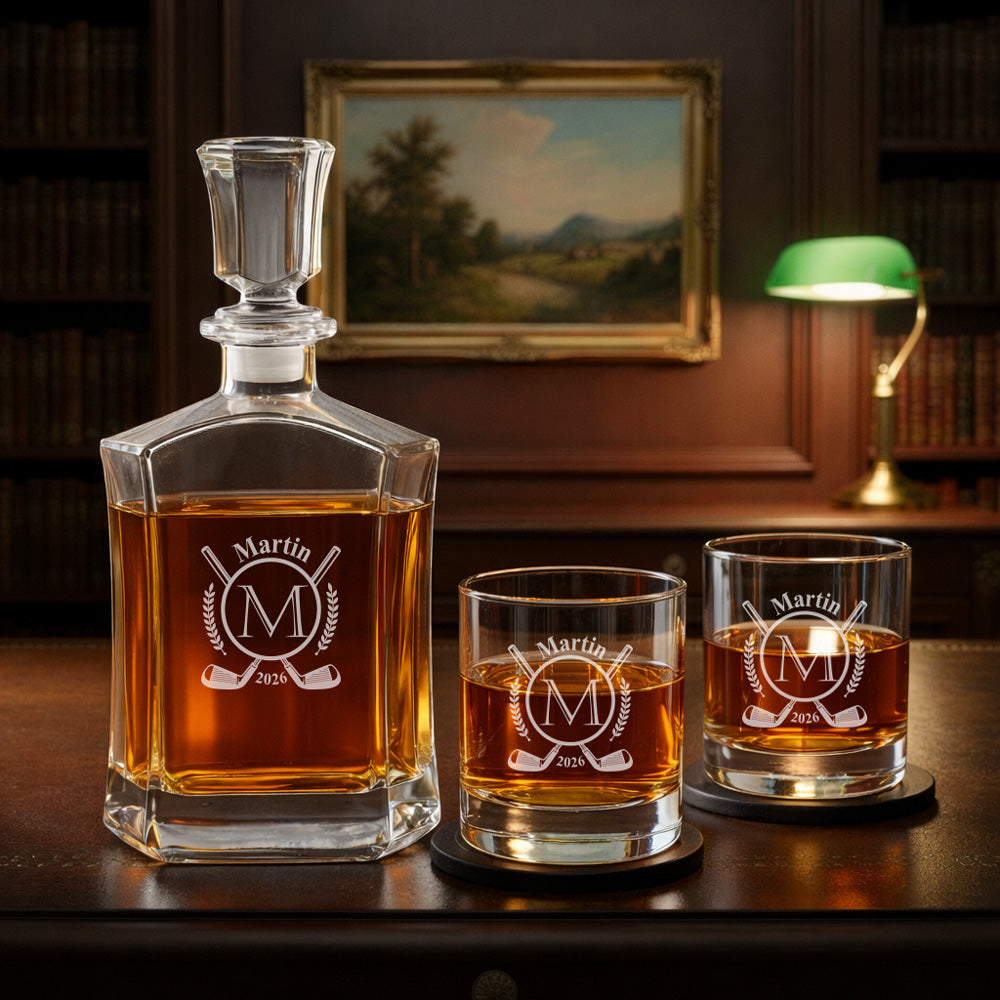Golf Personalized Whiskey Decanter with Whiskey Rocks Glasses Set - 3pc
