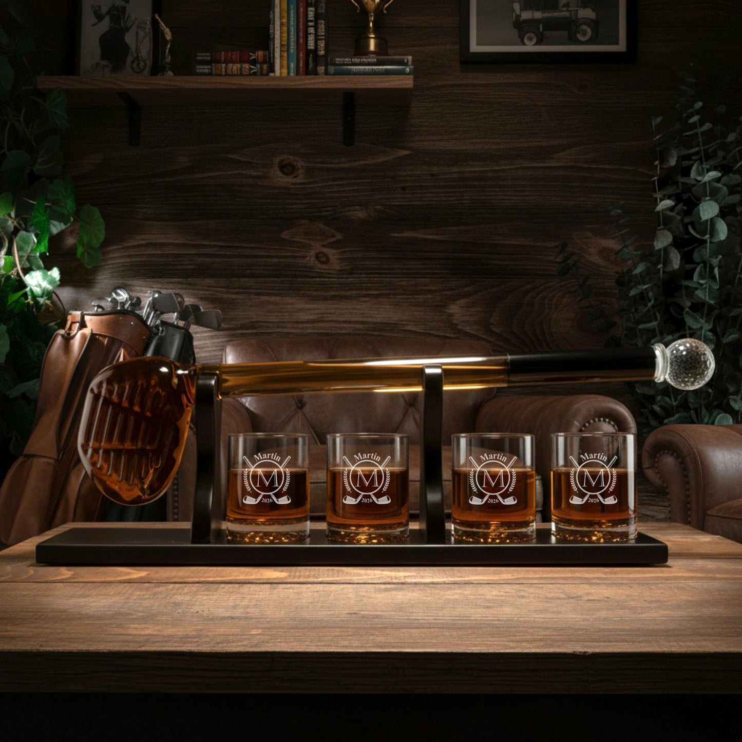 Golf Club Whiskey Decanter with Personalize Whiskey Glasses Gift Set