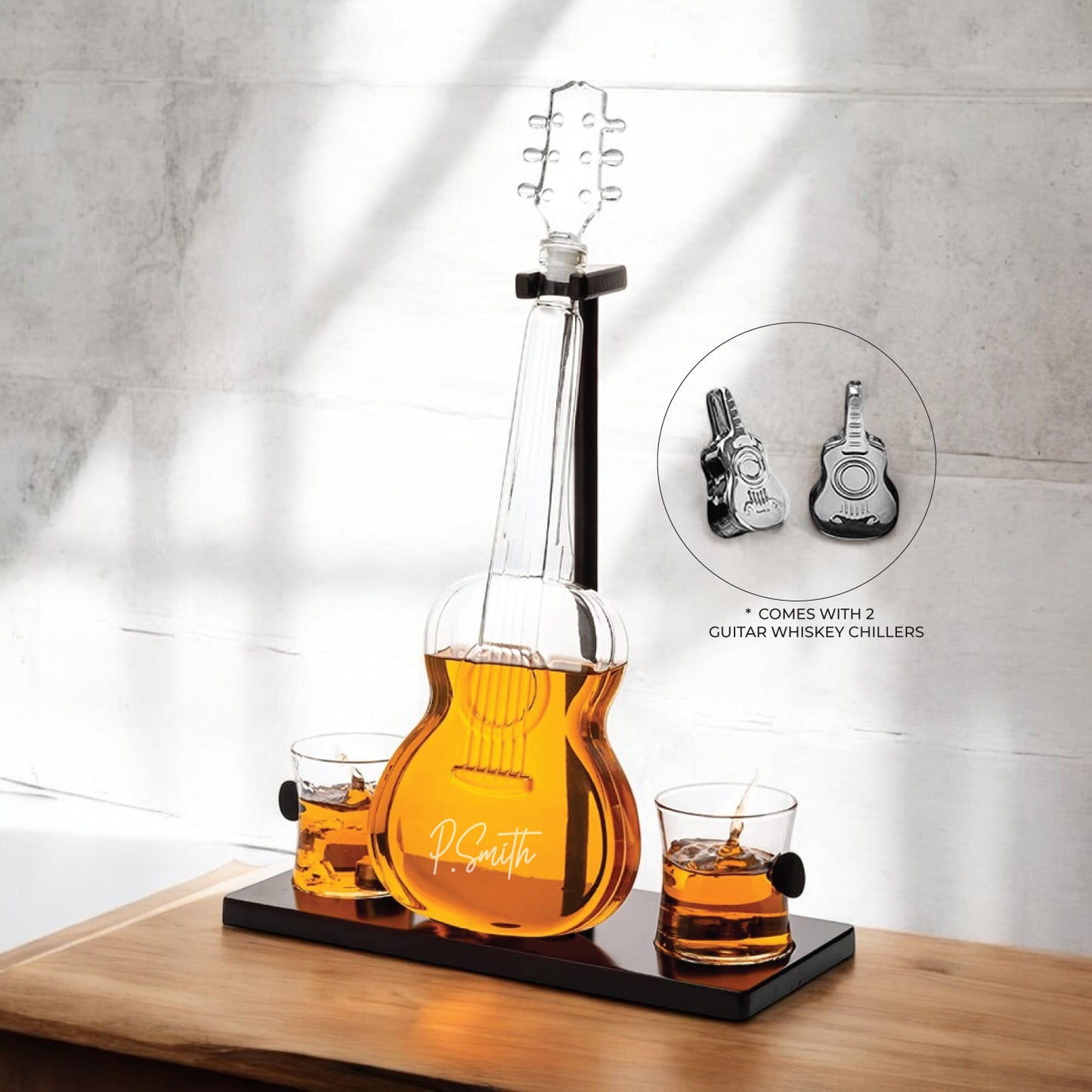 Monogram Guitar Personalized Whiskey Decanter Set with Whiskey Glasses