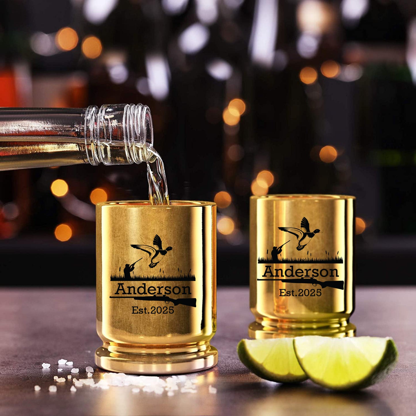 Hunting Personalized .50 Caliber Brass Ceramic Shot Glasses, Set of 2
