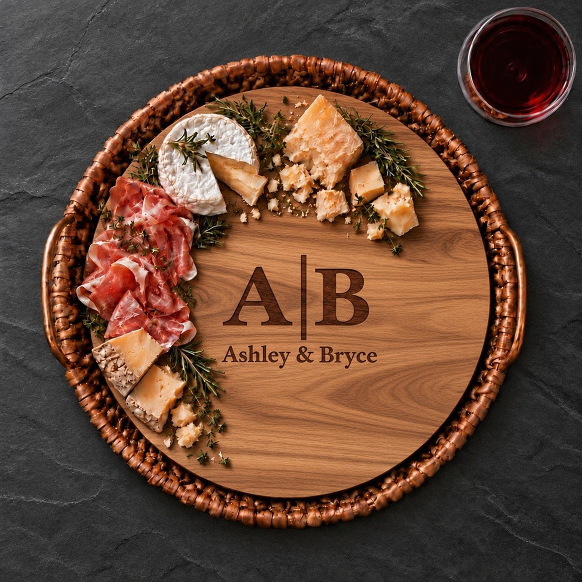 Water Hyacinth Round Tray With Personalized Acacia Board- Monogram
