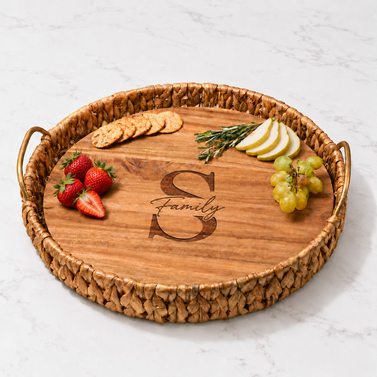Water Hyacinth Round Tray With Personalized Acacia Board- Monogram