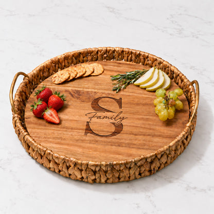Water Hyacinth Round Tray With Personalized Acacia Board- Monogram