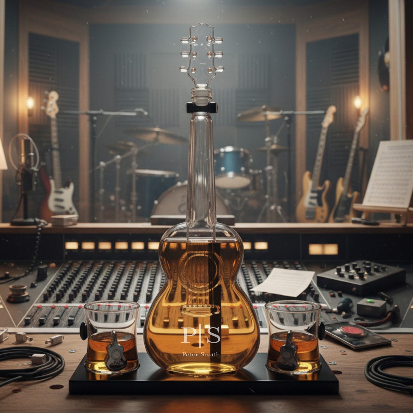 Monogram Guitar Personalized Whiskey Decanter Set with Whiskey Glasses