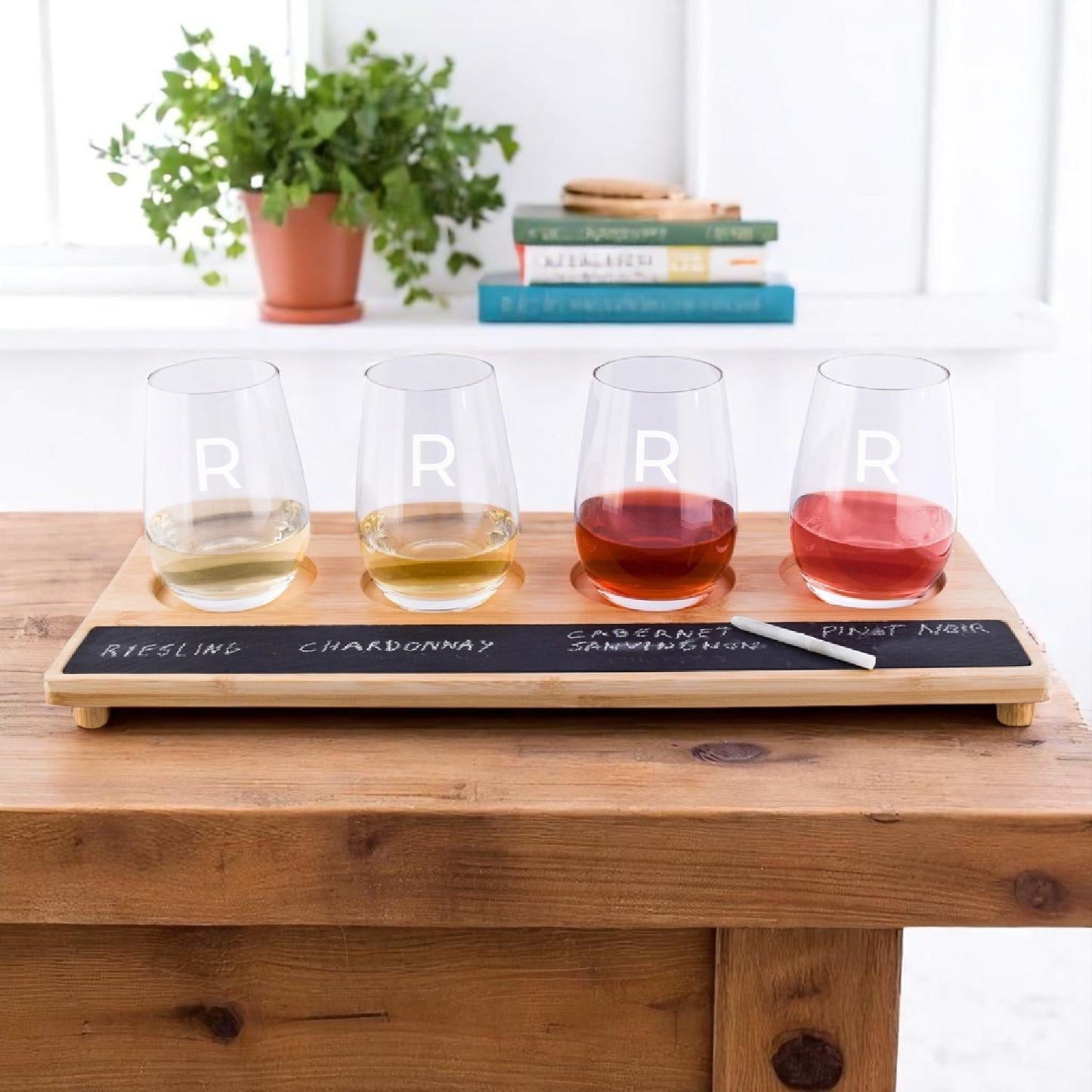 Personalized Stemless Wine Glasses with  Bamboo And Slate Wine Tasting Flight