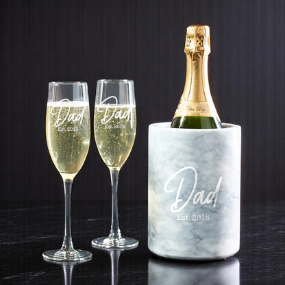 Dad Engraved Champagne Glasses with White Marble Bottle Chiller Set