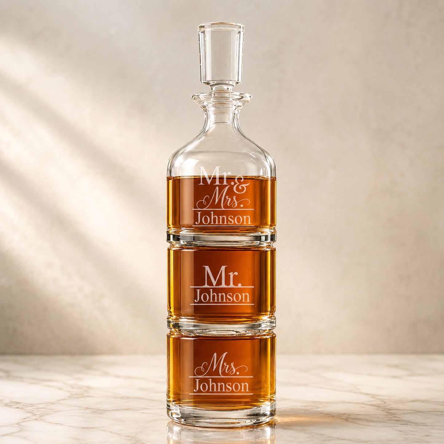 Mr. and Mrs. Personalized Duet Stacking Decanter Set
