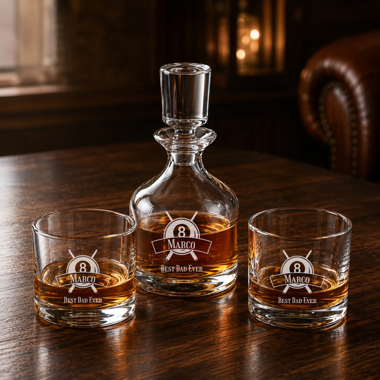 Pool Billiard Eight-Ball Personalized Duet 8.5 oz. Stacking Decanter Set